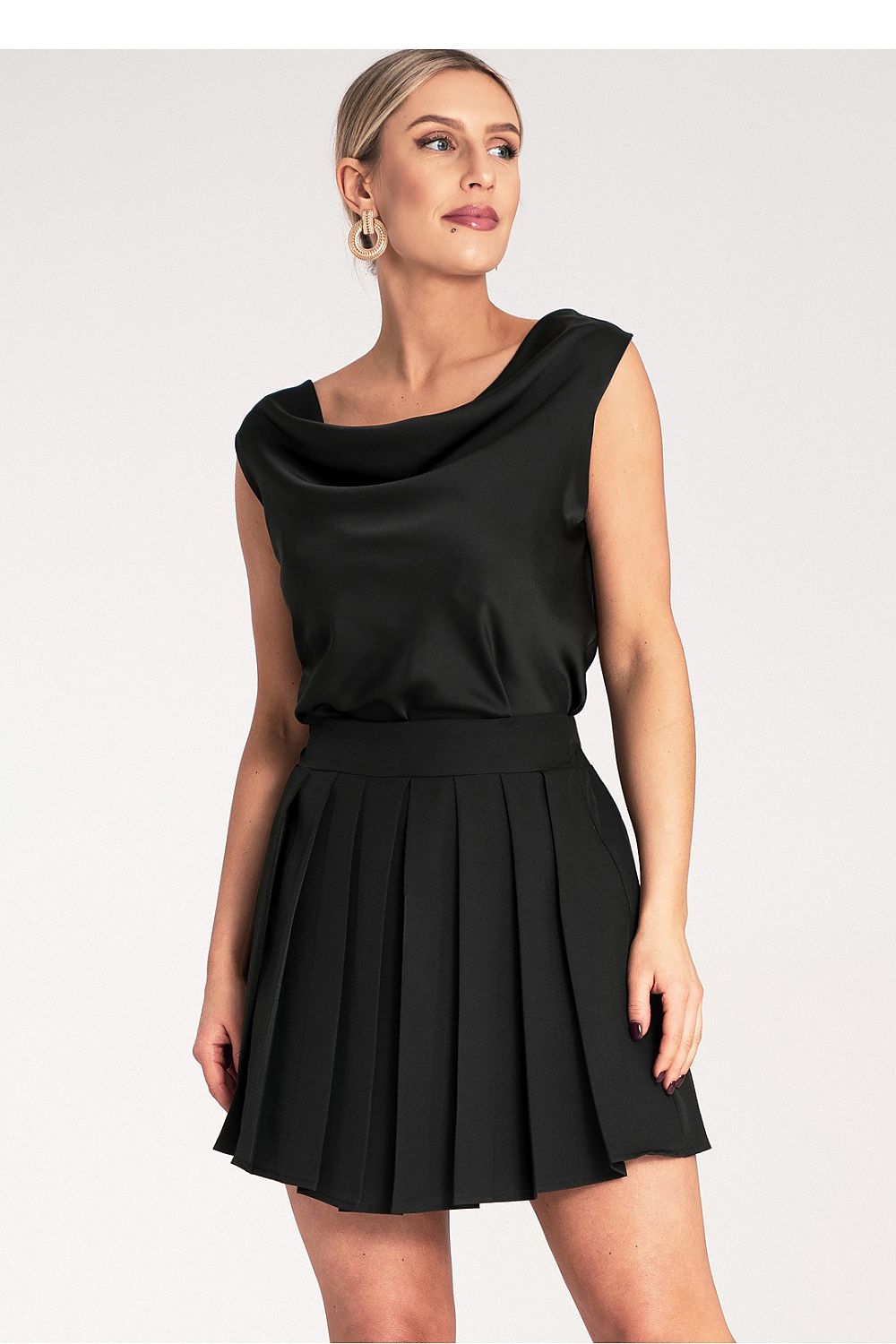 Elegantly crafted Figl luxury satin blouse with thicker straps, showcased in a water-type style, perfect for a sophisticated evening outfit.