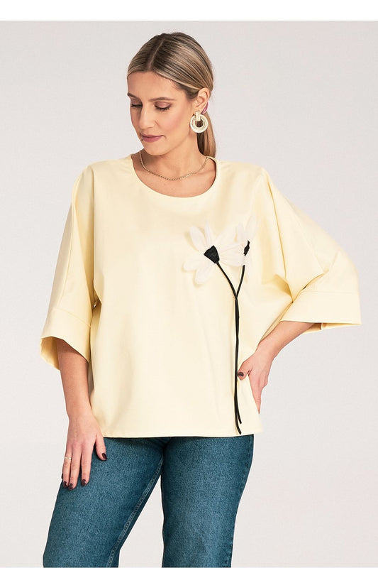 Luxury loose fit kimono blouse by Figl featuring floral detail and wide cuff sleeves, ideal for elegant outfits, EU size 0.