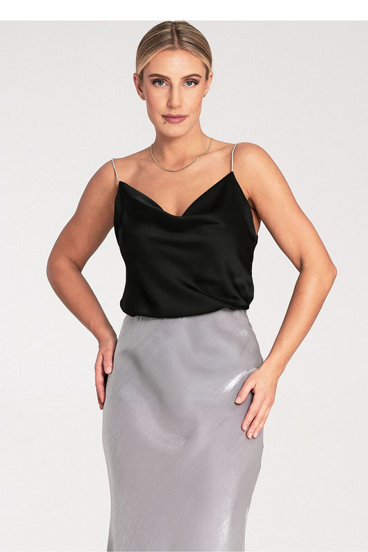 Elegant Satin Top by Figl featuring shimmering crystal straps and a flowing water neckline, perfect for a luxurious evening look.