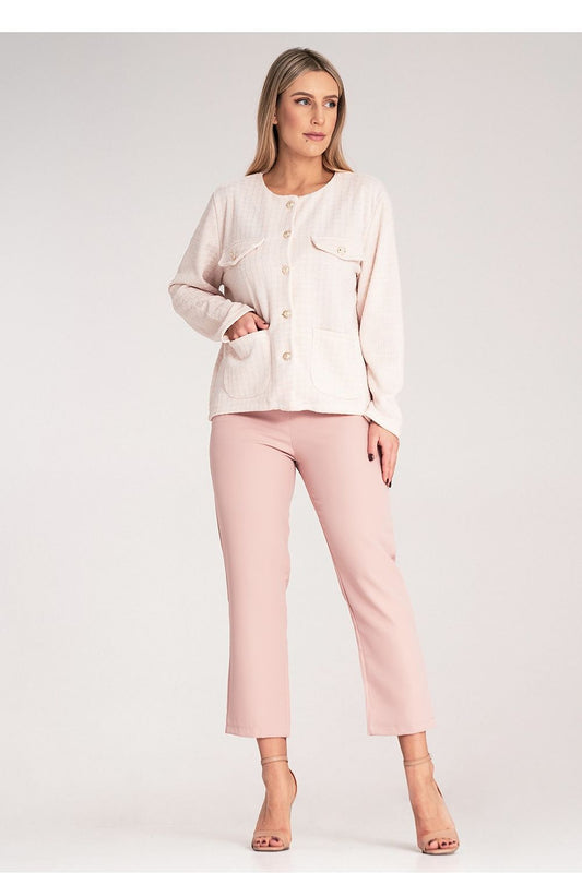 Close-up of Figl's Chic Checked Tweed Blazer featuring golden buttons, crafted from premium tweed material for a timeless luxe look.