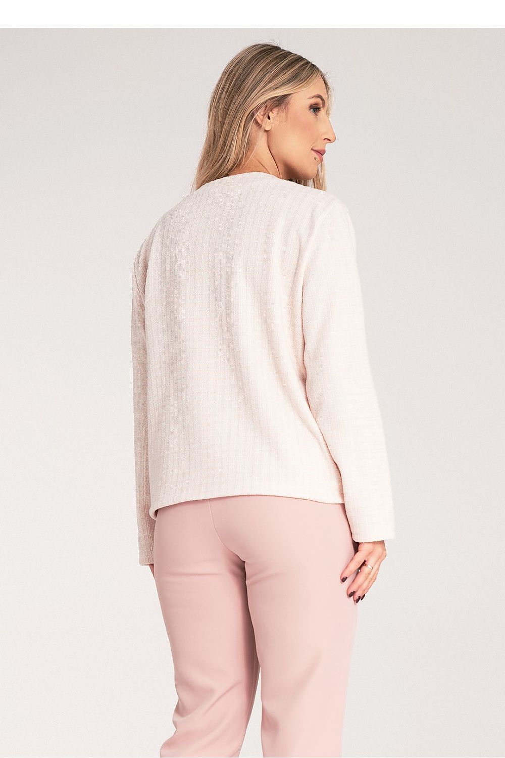 Elegant Chic Checked Tweed Blazer with Golden Buttons by Figl, perfect for sophisticated styling, sizes EU S/M and US S/M.