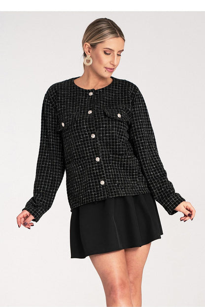 Stylish display of Figl's Chic Checked Tweed Blazer with golden accents, ideal for a refined look, available in EU S/M and US S/M.