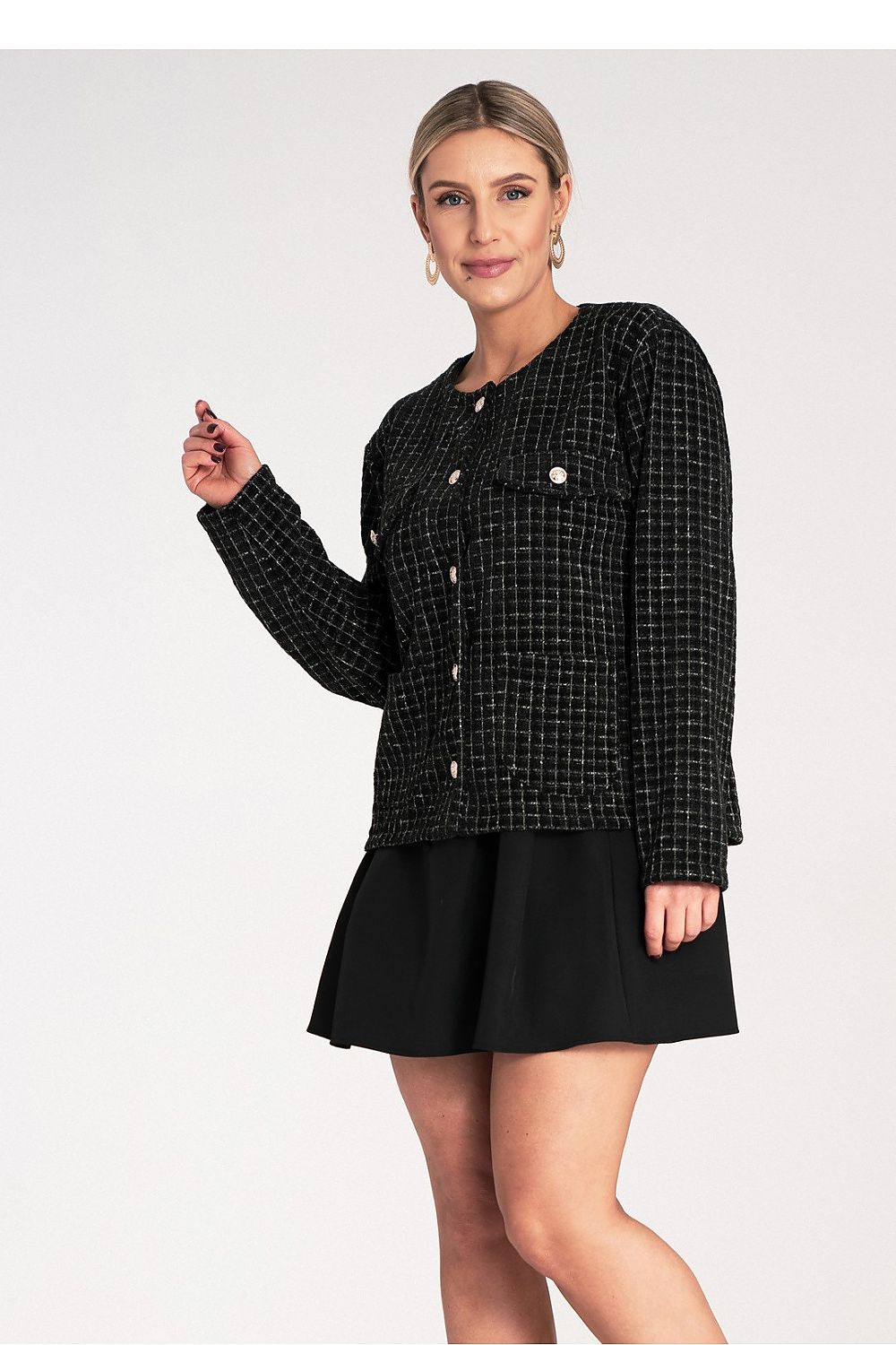 Back view of the Chic Checked Tweed Blazer by Figl, designed for elegance and chic appeal, featuring premium tweed material.