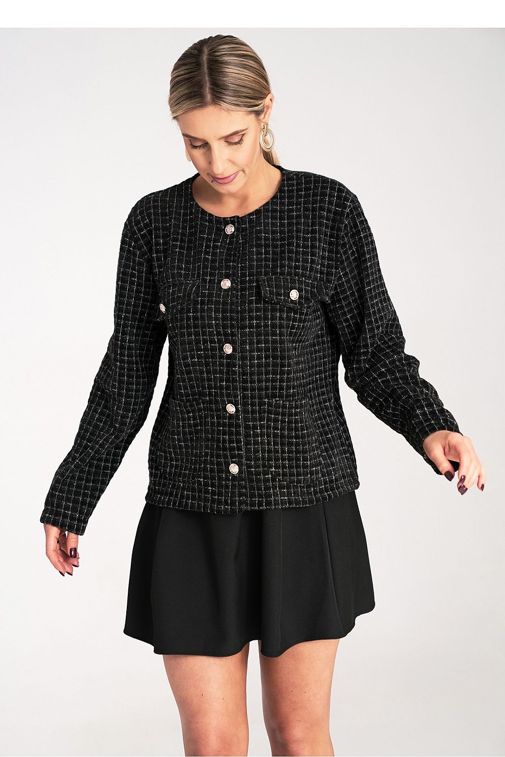 Elegant Chic Checked Tweed Blazer with Golden Buttons by Figl, inspired by Chanel, perfect for sizes EU S/M and US S/M.