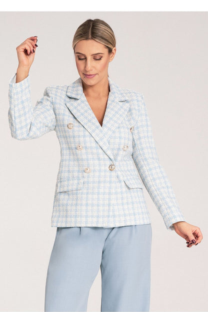 Elegant double-breasted checkered jacket by Figl, crafted from luxurious jacquard fabric with golden buttons and classic collar, size EU S/M.