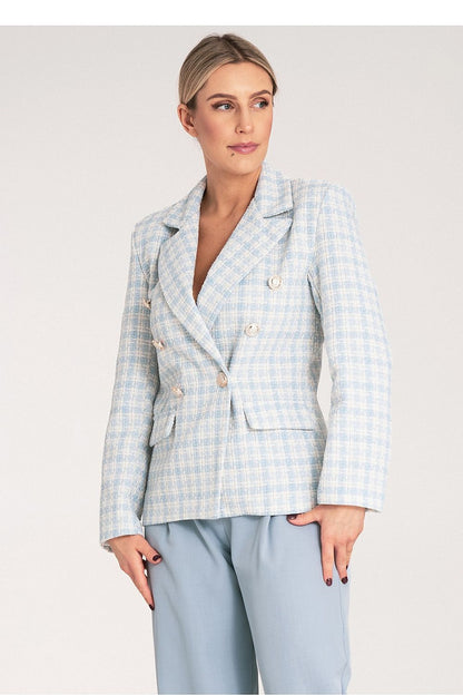 Fully displayed double-breasted checkered jacket by Figl, highlighting the richness of the jacquard material and sophisticated golden button detailing.