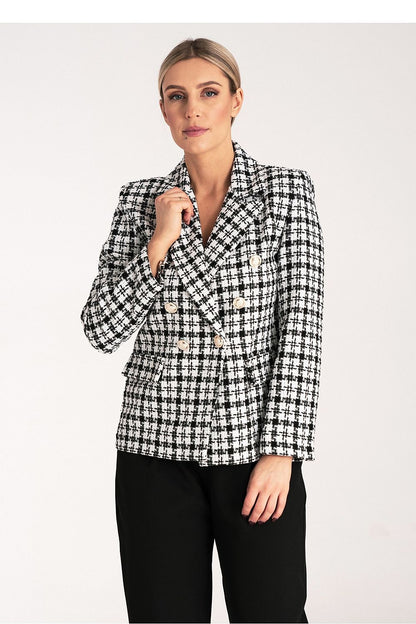 Elegant double-breasted checkered jacket in luxurious jacquard fabric by Figl, featuring classic collar and golden buttons.