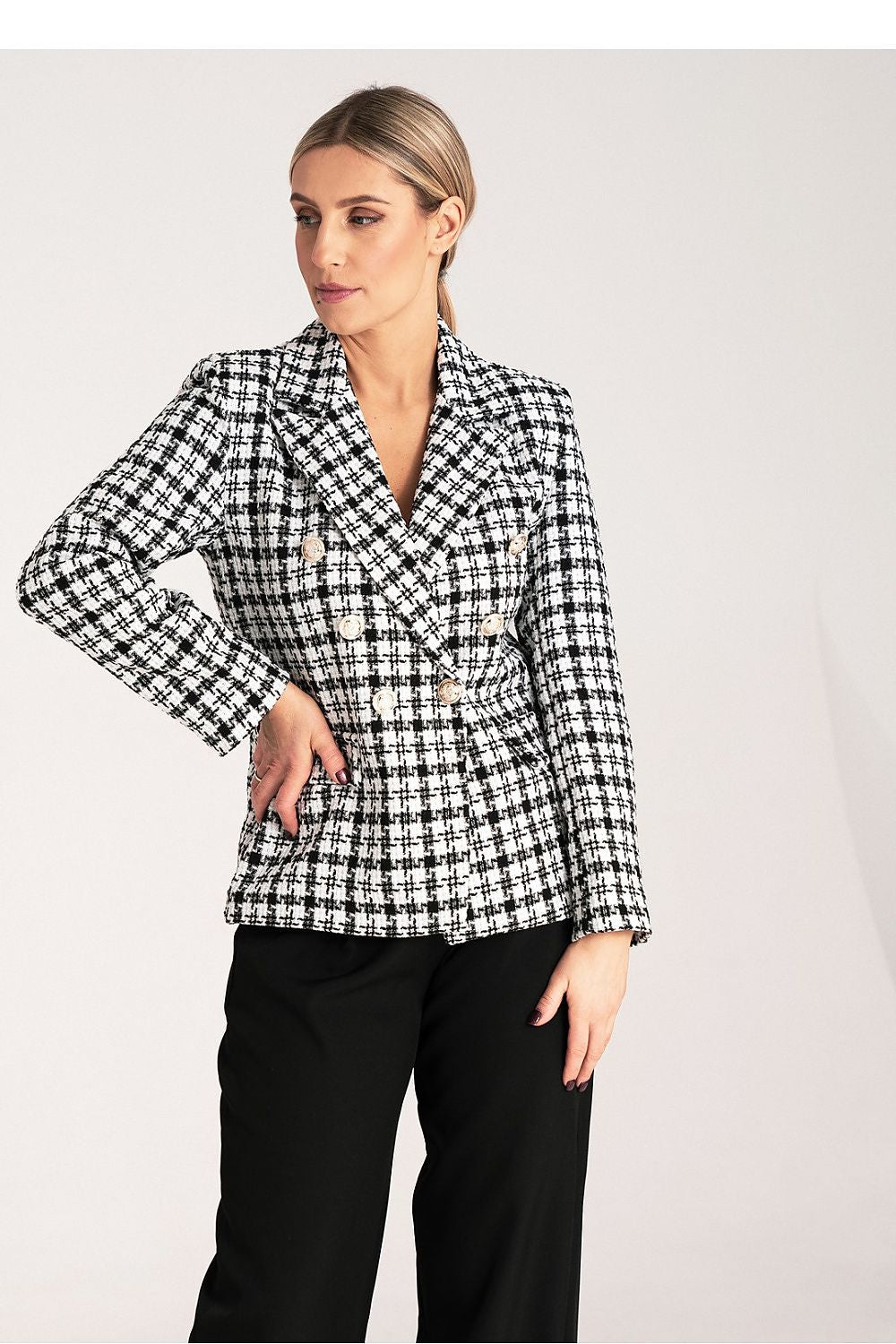 Back view of Figl's elegant double-breasted checkered jacket in jacquard fabric, highlighting its tailored fit and luxurious details.