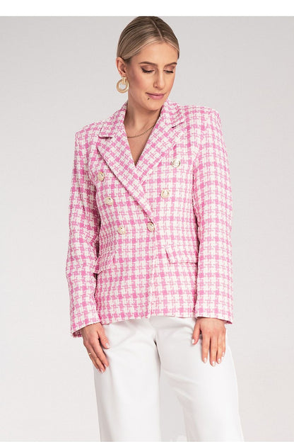 Elegant double-breasted checkered jacket by Figl, crafted in luxurious jacquard fabric, featuring a classic collar and gold buttons, perfect for a stylish wardrobe upgrade.