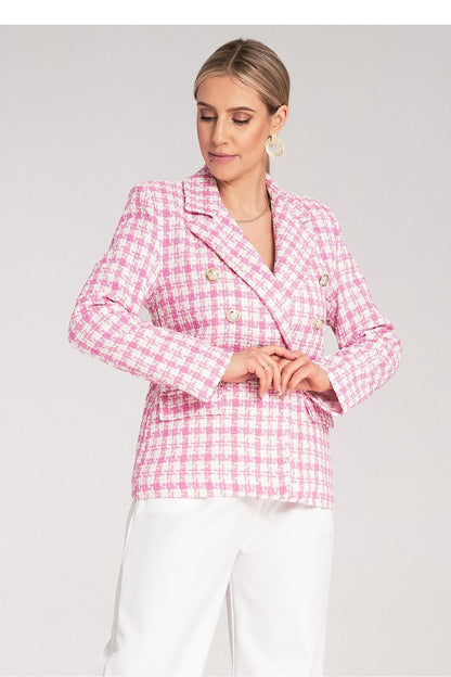 Side view of the Figl elegant double-breasted checkered jacket, highlighting its classic collar and golden button accents, a must-have piece for a chic and fashionable ensemble.