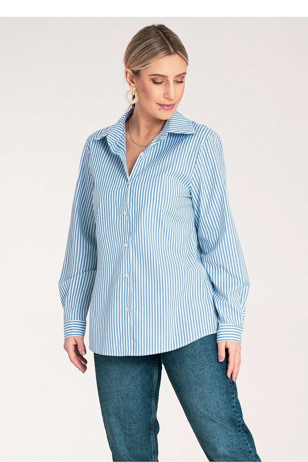 Figl Elegant Long Sleeve Vertical Striped Shirt, size EU S/M/US S/M, featuring a sophisticated design with fine vertical stripes, ideal for both office and casual wear.