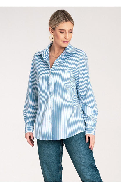 Figl Elegant Long Sleeve Vertical Striped Shirt, size EU S/M/US S/M, featuring a sophisticated design with fine vertical stripes, ideal for both office and casual wear.