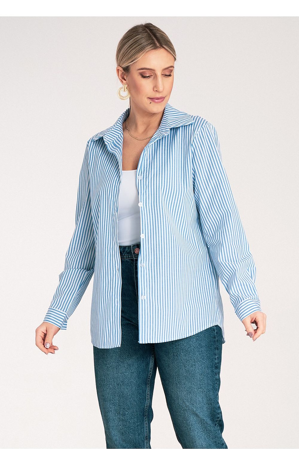 Elegant long sleeve vertical striped shirt by Figl, perfect for office and casual wear, showcasing a sophisticated collar and lightweight material.