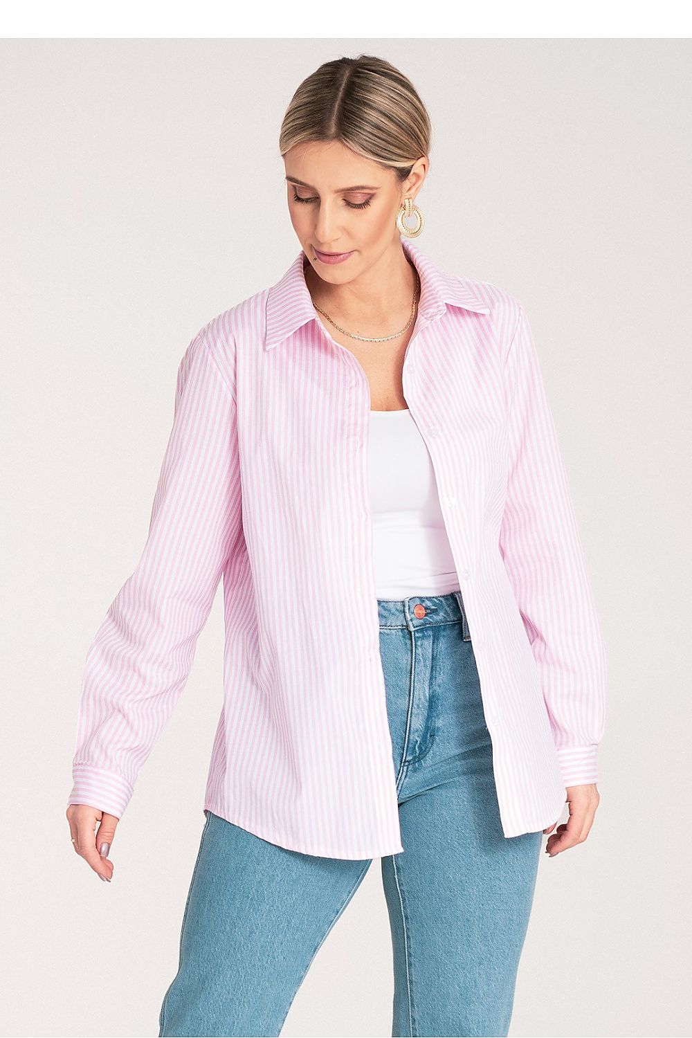 Classic vertical striped shirt with cuffs and a chic collar by Figl, tailored for EU S/M and US S/M sizes, ideal for stylish everyday dressing.