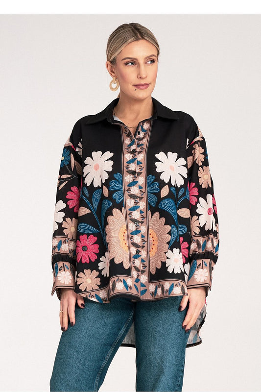 Luxurious oversized floral pattern shirt by Figl, crafted from lightweight polyester, ideal for elegant summer outfits.