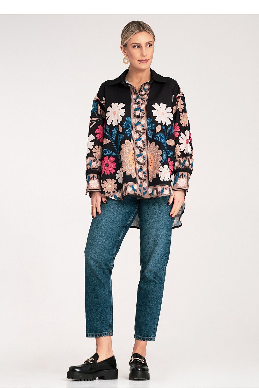 Chic long sleeve floral shirt from Figl, showcasing bold colours on a relaxed fit design, perfect for stylish layering.