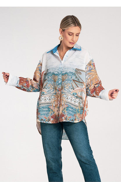 Elegantly designed oversized long sleeve artistic print shirt in size EU 0 by Figl, crafted from lightweight polyester for ultimate comfort.