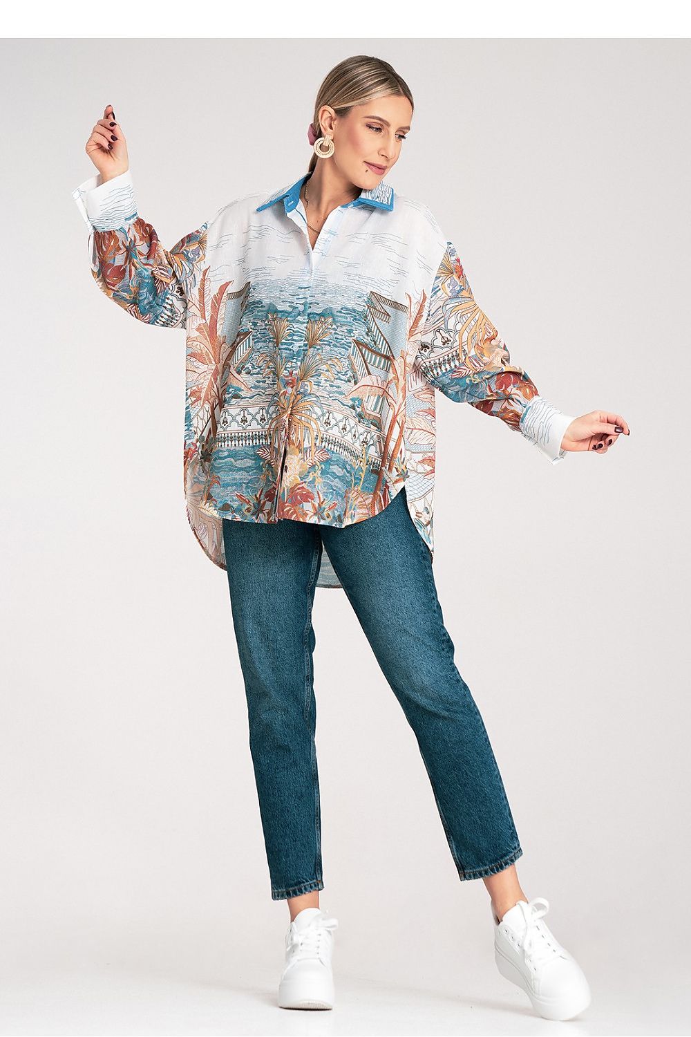 Close-up view of the luxurious artistic print detail on the oversized long sleeve shirt in size EU 0 by Figl, showcasing exquisite fabric quality.