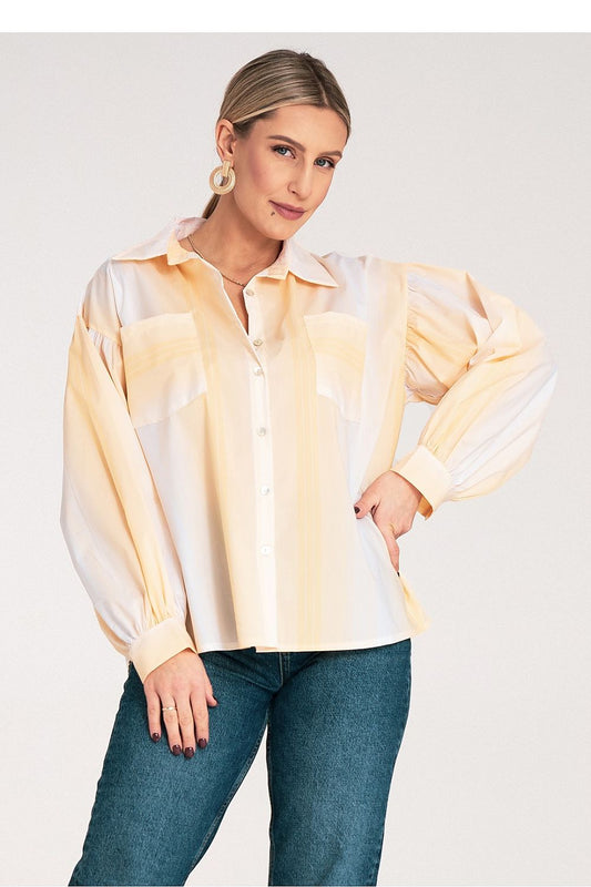 Elegant Figl Women's Long Sleeve Shirt featuring a delicate striped pattern and voluminous sleeves, perfect for a luxurious wardrobe.