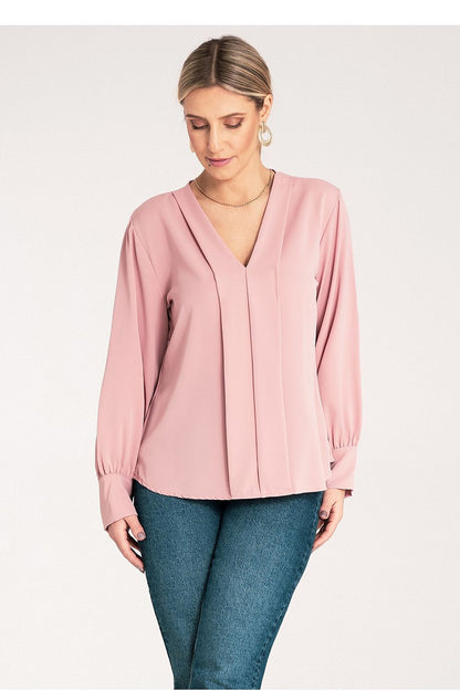 Luxury long sleeve satin blouse in elegant V-neckline by Figl, perfect for sophisticated wardrobe styling, available in EU S/M and US S/M sizes.