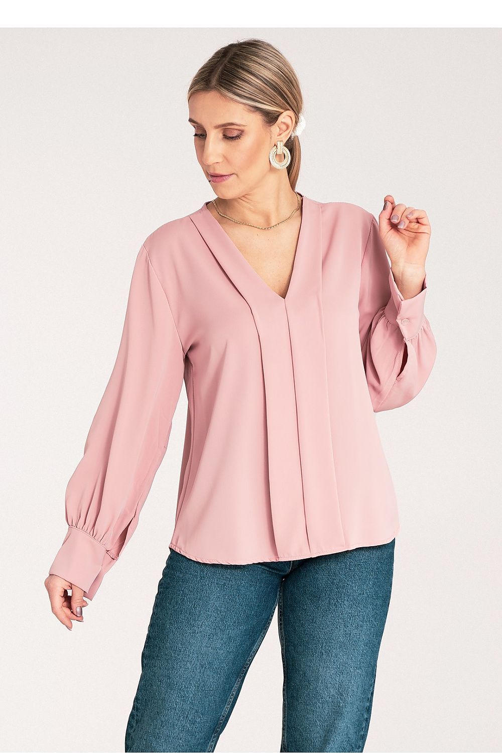 Elegant luxury long sleeve satin blouse by Figl featuring a chic V-neckline for sophisticated style.
