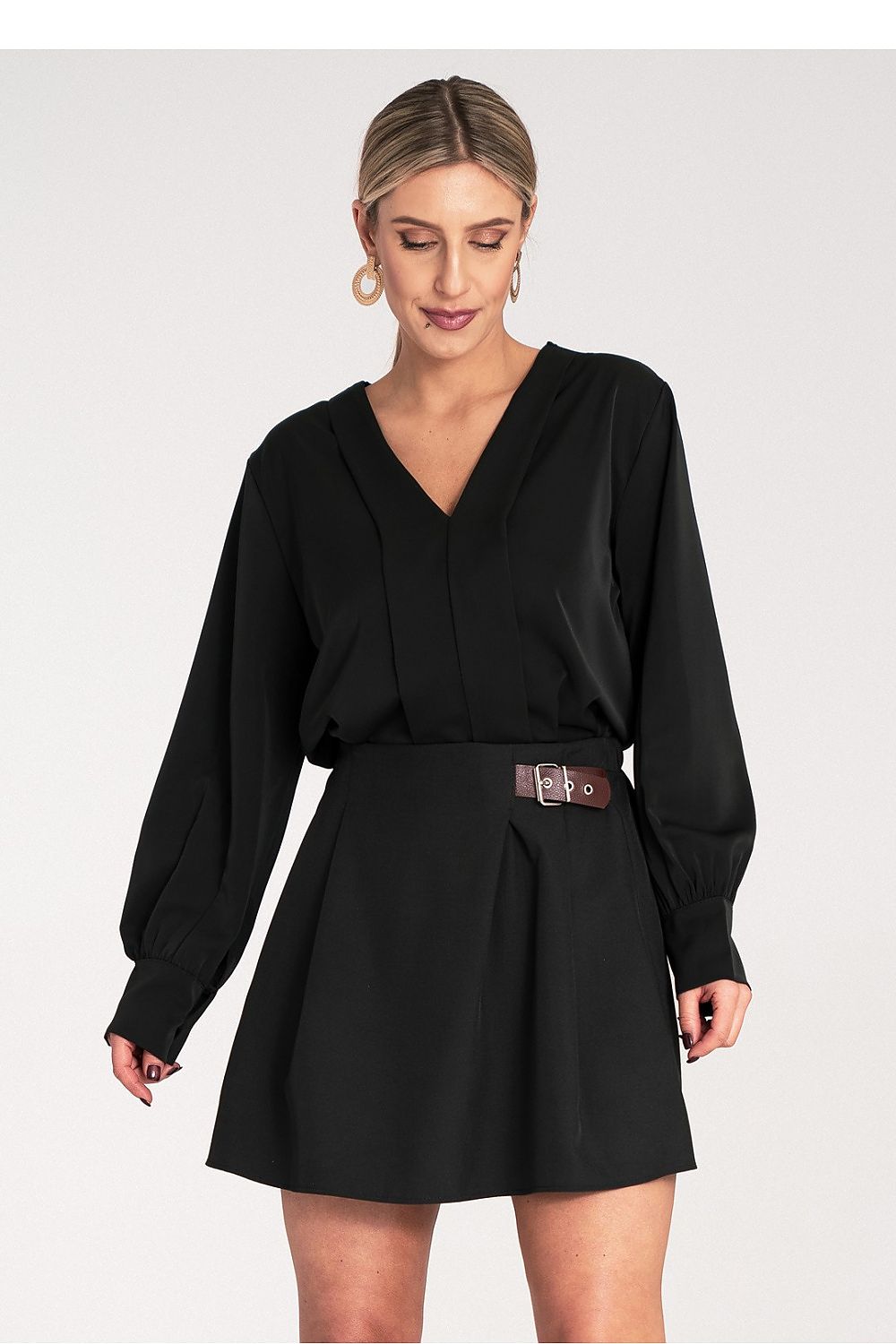 Stylish V-neck satin blouse by Figl, perfect for women seeking elegance in size EU S/M and US S/M.