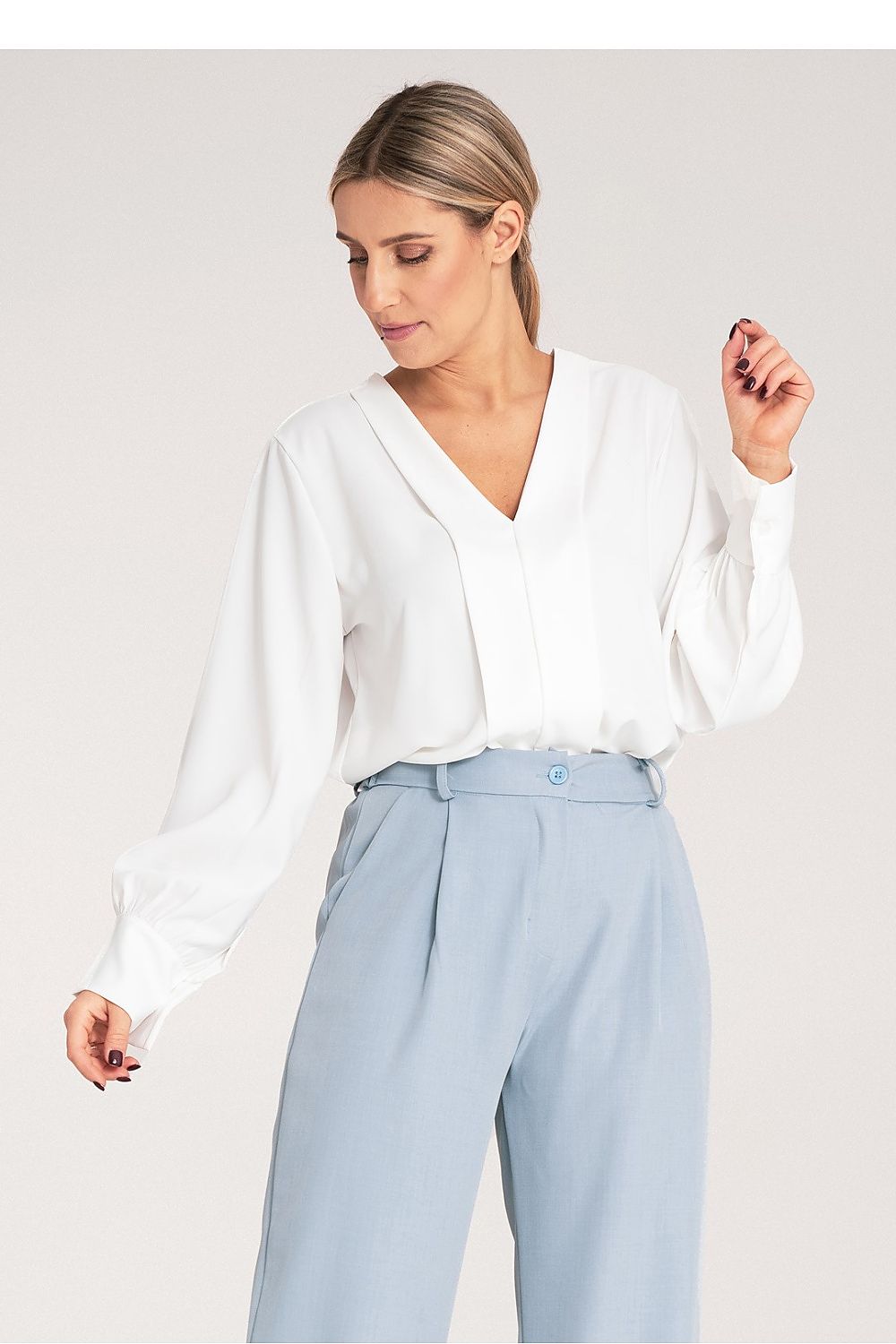 Luxury long sleeve satin blouse by Figl, featuring a stylish V-neckline and elegant buttoned cuffs, available in EU S/M and US S/M sizes.