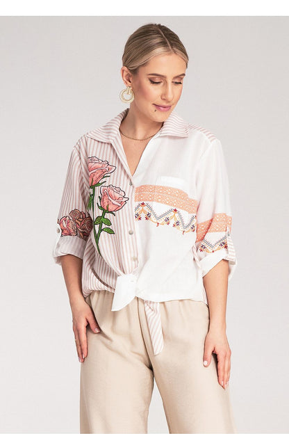 Luxurious Figl Women's asymmetrical striped shirt featuring intricate floral embroidery, perfect for an elegant and stylish look.