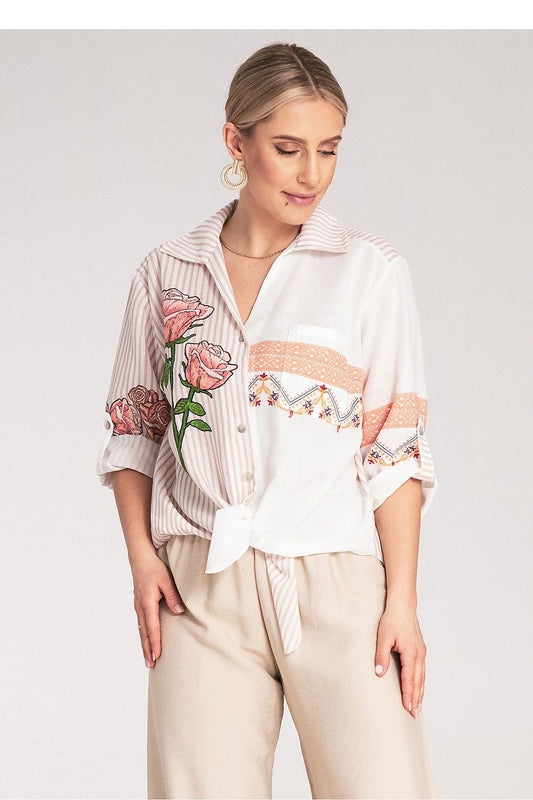 Luxurious Figl Women's asymmetrical striped shirt featuring intricate floral embroidery, perfect for an elegant and stylish look.