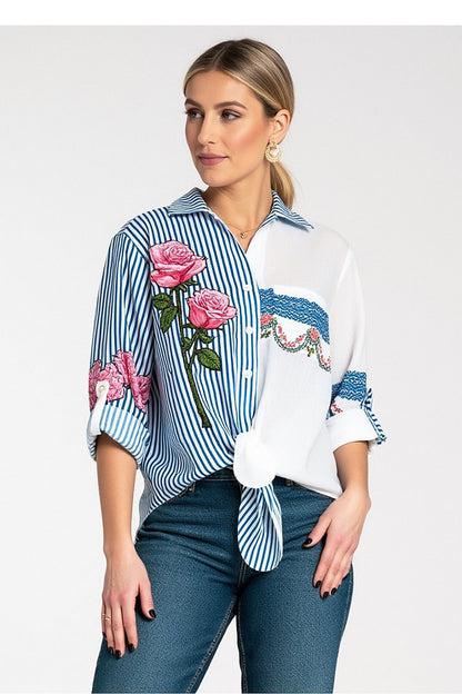 Figl Women's Asymmetrical Striped Shirt in elegant design featuring floral embroidery, perfect for sophisticated casual wear.