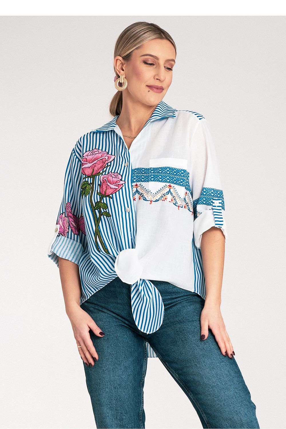Close-up of Figl Women's Floral Embroidered Striped Shirt showcasing intricate details and luxurious fabric texture.