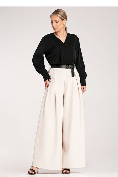 Elegant high-waisted palazzo trousers for women by Figl, featuring a stylish black belt and wide legs, perfect for a chic outfit.