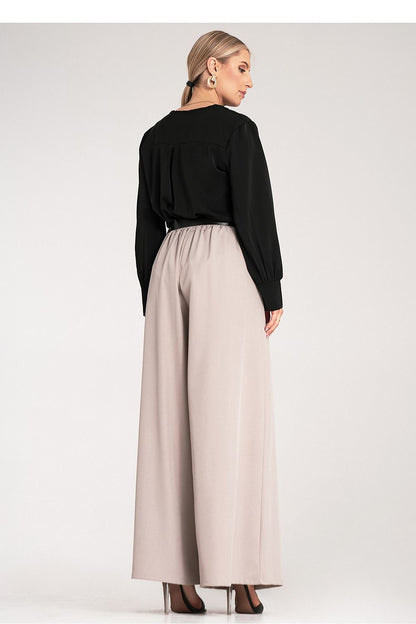 Elegant black high-waisted palazzo trousers with a stylish belt for women by Figl, designed for a luxurious look.