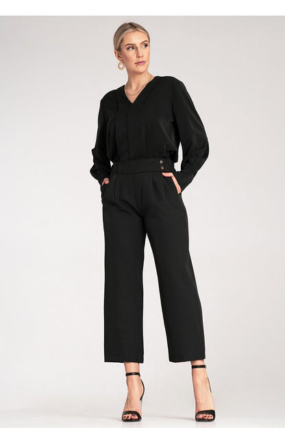 Elegant high-waisted 7/8 trousers for women by Figl showcasing decorative button detailing and delicate pleats, epitomizing luxury and sophistication.