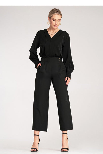 Luxury high-waisted 7/8 trousers for women by Figl, displaying refined decorative buttons and pleated front, ideal for fashion-forward individuals.