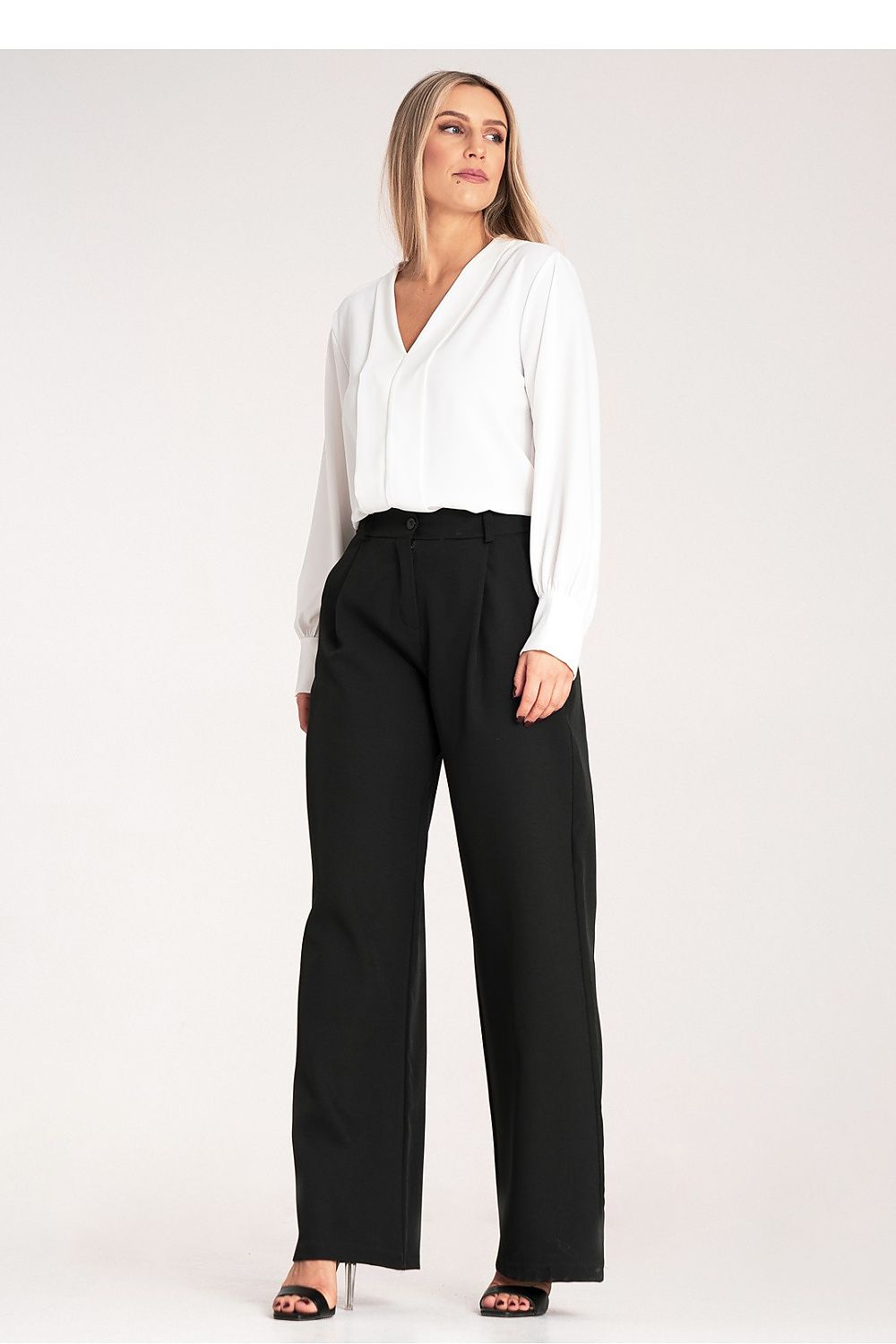Close-up view of Figl Women's Elegant High-Waisted Trousers, showcasing the premium fabric composition of 96% Polyester and 4% Spandex.