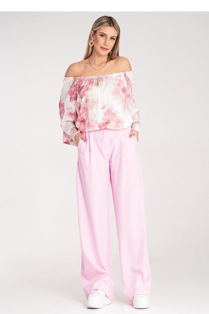 Figl Women's Elegant High-Waisted Trousers in Size S/M, featuring a loose fit, straight cut, and practical pockets, embodying luxury style and comfort.