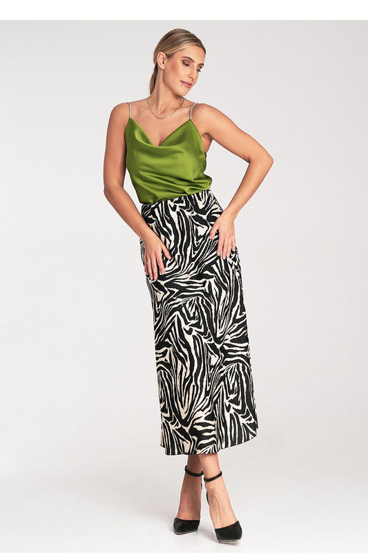 Luxury satin midi skirt from Figl with an elastic waistband in elegant EU S/M | US S/M size.