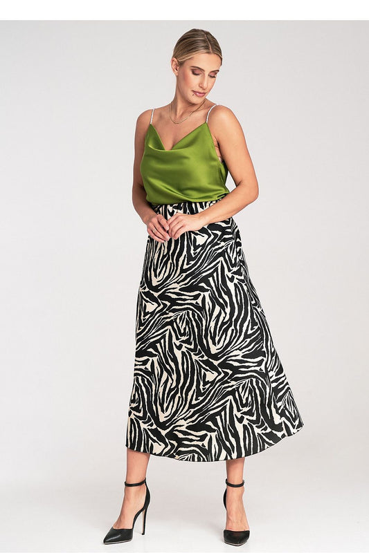 Elegant close-up of Figl's luxury satin midi skirt showcasing the smooth fabric and elastic waistband.