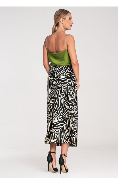 Model wearing Figl's luxury satin midi skirt, highlighting the stylish drape and comfort of the elastic waist.