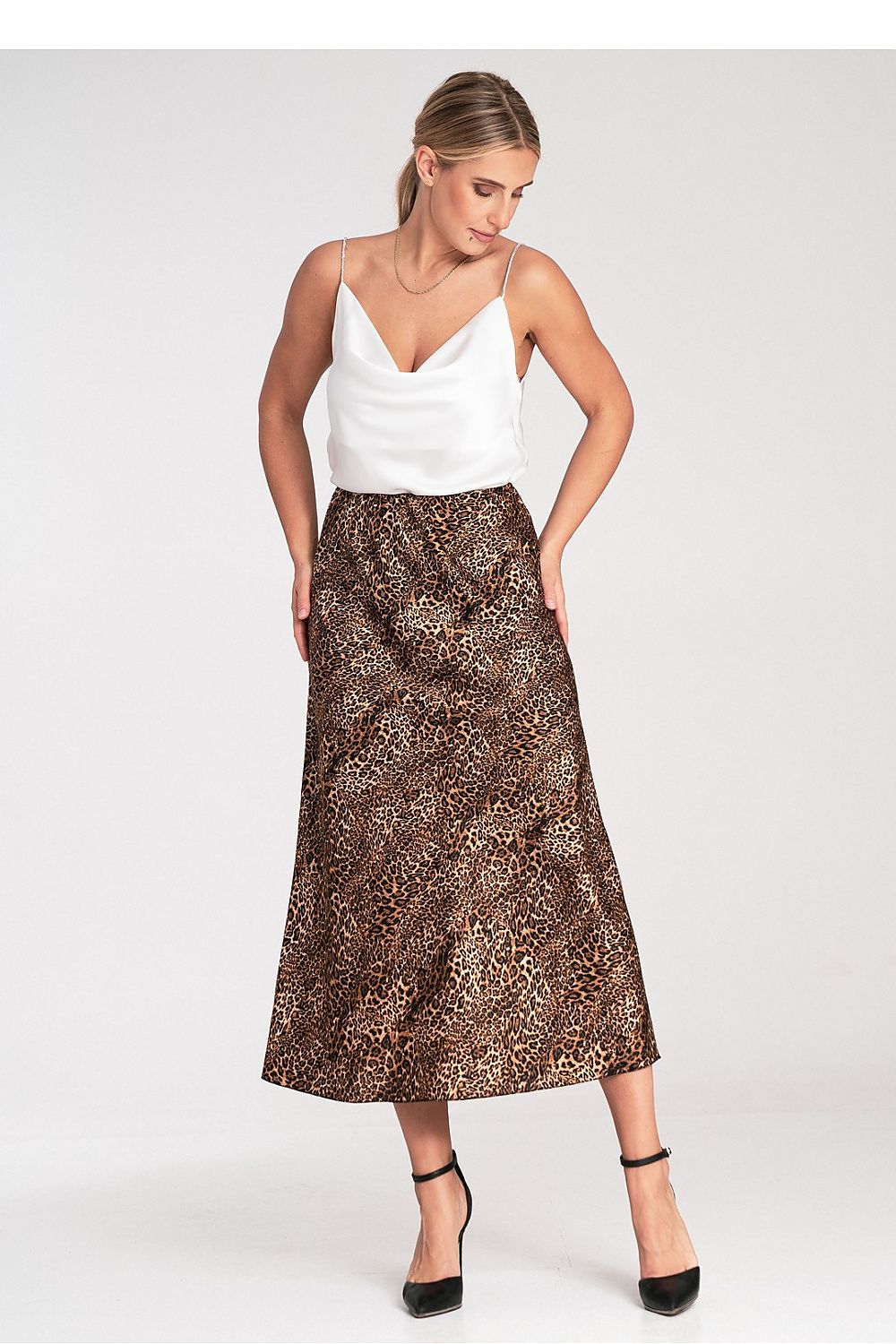 Luxury satin midi skirt with elastic waistband by Figl, showcasing the elegant drape and sheen of the fabric.