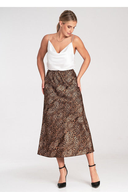 Luxury satin midi skirt with elastic waistband by Figl, showcasing the elegant drape and sheen of the fabric.