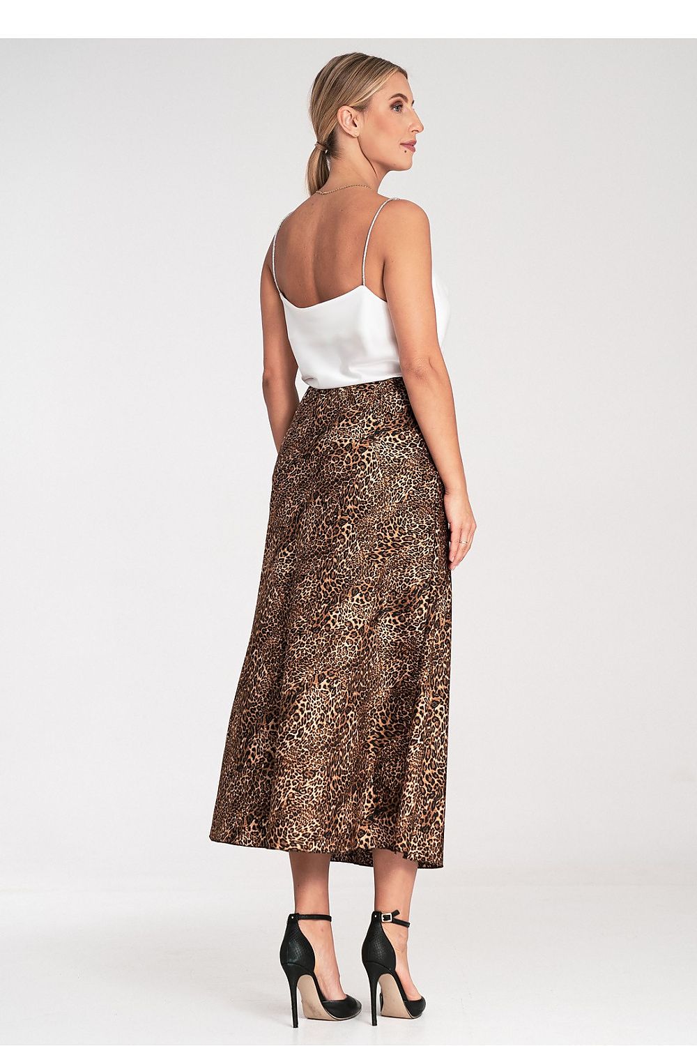 Fashionable Figl satin midi skirt displayed on a model, emphasizing the sophisticated silhouette and comfortable fit.