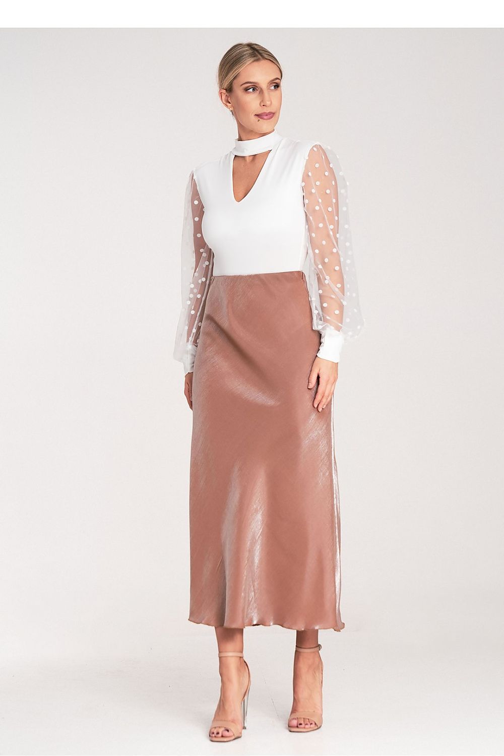 Luxury satin midi skirt with elastic waistband by Figl, showcasing a stylish design perfect for elegant occasions.