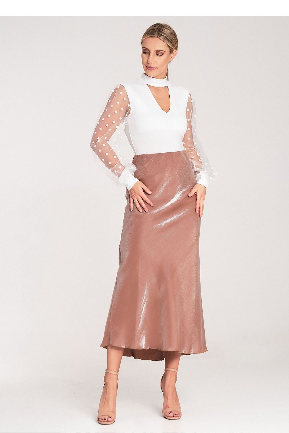Elegant luxury satin midi skirt by Figl featuring a comfortable elastic waistband in a chic design.
