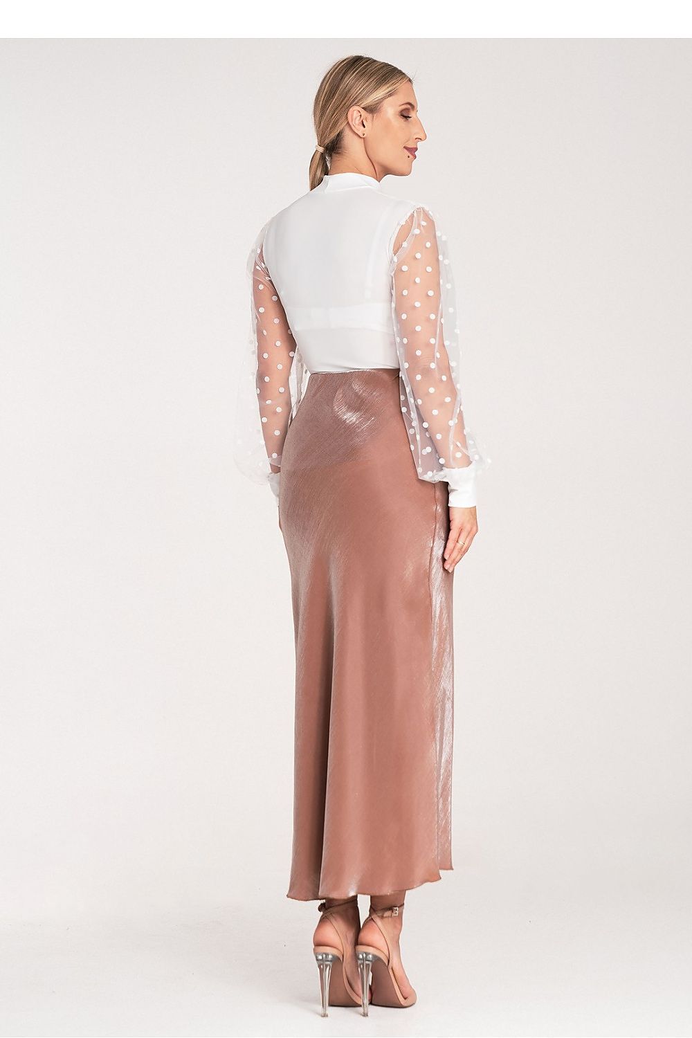Close-up view of the Figl luxury satin midi skirt showcasing the high-quality fabric and luxurious sheen.
