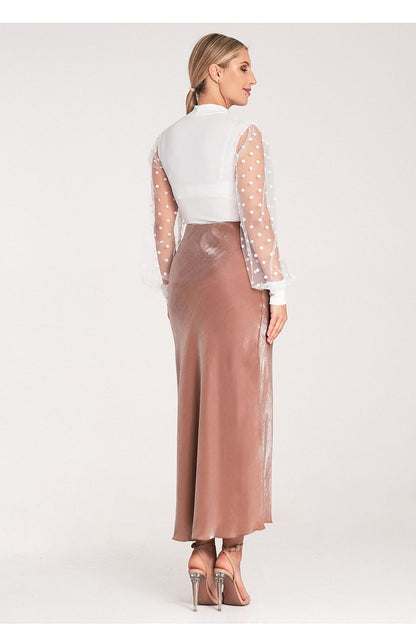 Close-up view of the Figl luxury satin midi skirt showcasing the high-quality fabric and luxurious sheen.