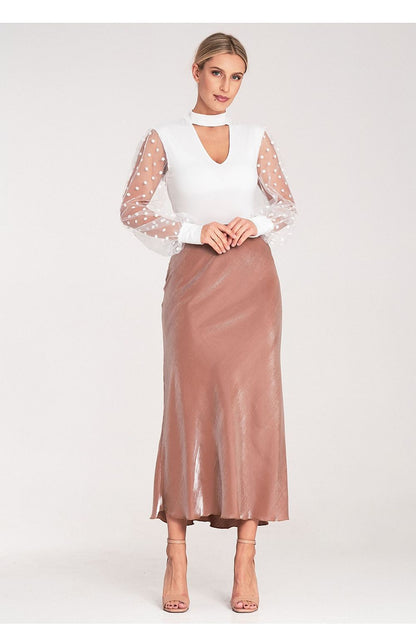 Stylish Figl luxury satin midi skirt displayed on a model, highlighting its comfortable fit and graceful flow.