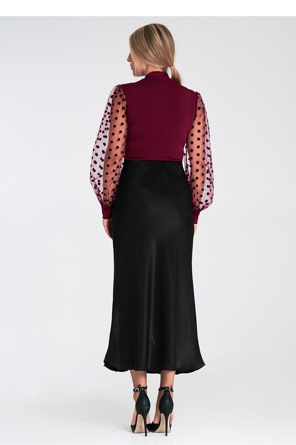 Elegant luxury satin midi skirt by Figl featuring a comfortable elastic waistband, perfect for a sophisticated look.