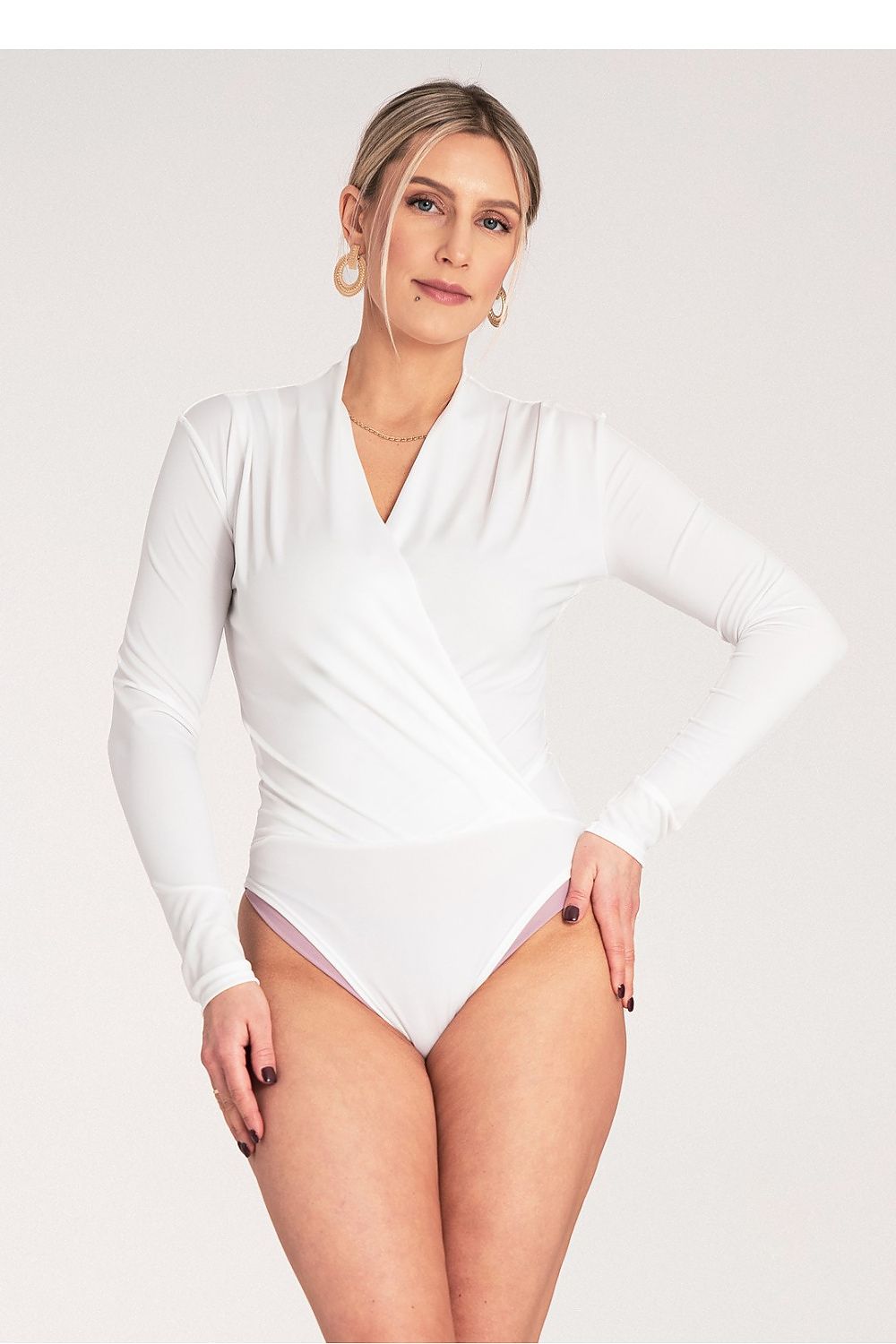 Elegant long sleeve shapewear bodysuit designed by Figl, featuring a luxurious wrap neckline, perfect for a flattering silhouette.